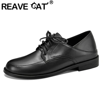 REAVE CAT/2021 г. Пролетно Дамски Обувки на Дебела Подметка от телешка кожа с Дълбоко деколте и шнур, Нескользящая Обувки на равна подметка, Големи Размери 31-43 F1616