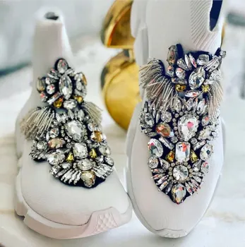 Обувки с кристали, Блестящи Зимни Дамски Маратонки, Обувки за Момичета, Дамски Модни Обувки, Черни обувки с кристали, Маратонки wk159