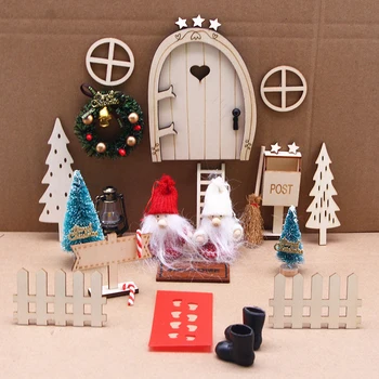Мини Кукла къща Елф Вратата Коледна Украса Набор от Миниатюрна сцена Мини дървена врата Елф врата, аксесоари, Коледна украса със собствените си ръце