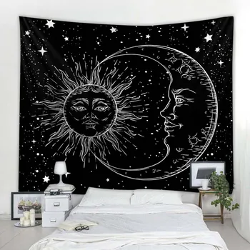Черно-бял гоблен с принтом, слънцето, луната, мандала, магьосничество, монтиране на украса в стил хипи, кошмарен монтаж на стена за украса